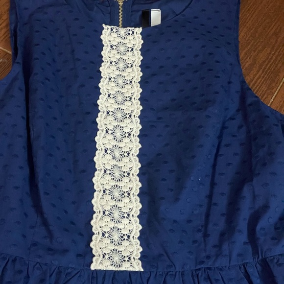 KENSIE blue cotton DRESS floral ivory lace embroidered fabric size LG sleeveless - Picture 6 of 16